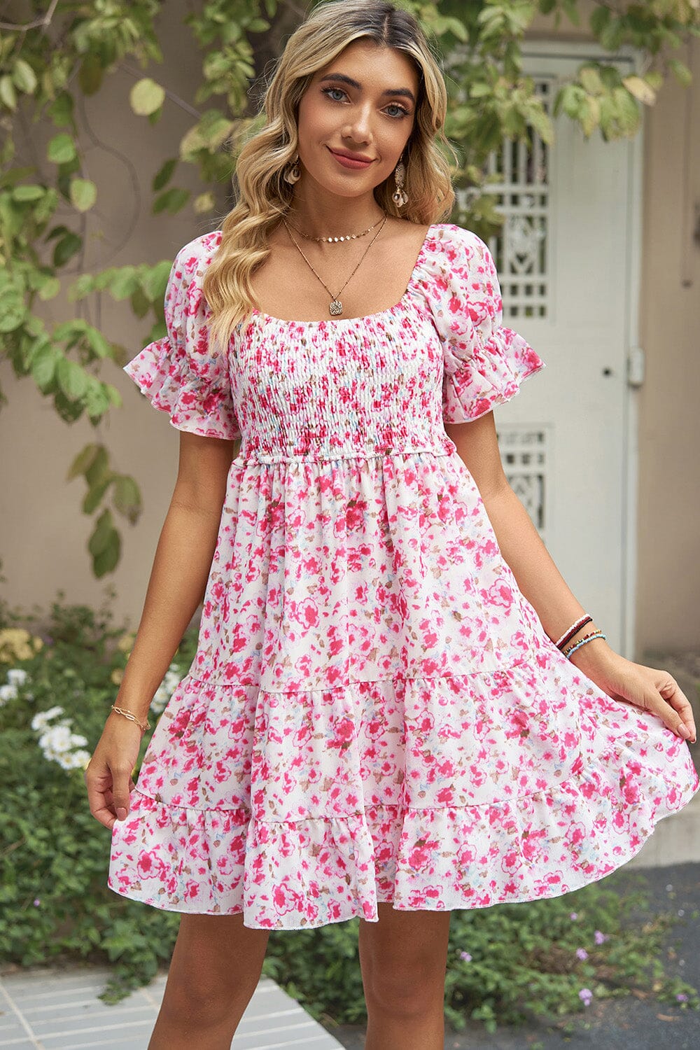 Smocked Printed Flounce Sleeve Mini Dress - Sydney So Sweet