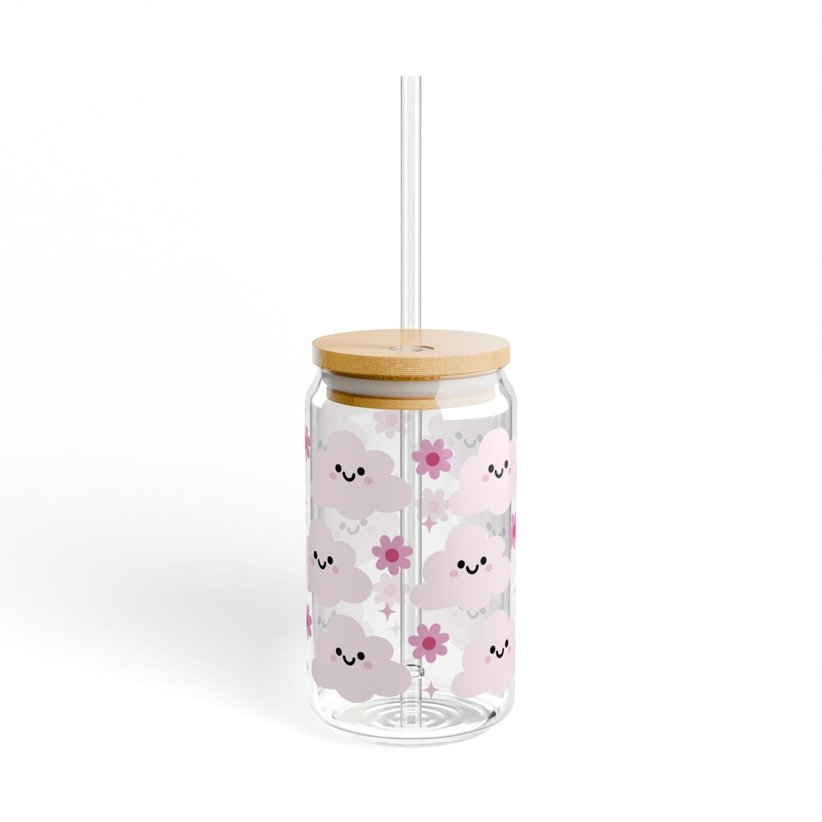 Happy Cloud Pink Tumbler Sipper Glass 16oz — Reusable Drink Jar with Lid & Straw