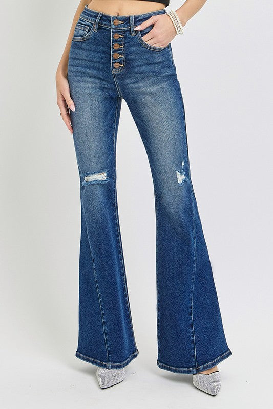 RISEN Distressed Button-Fly Flare Jeans - Sydney So Sweet