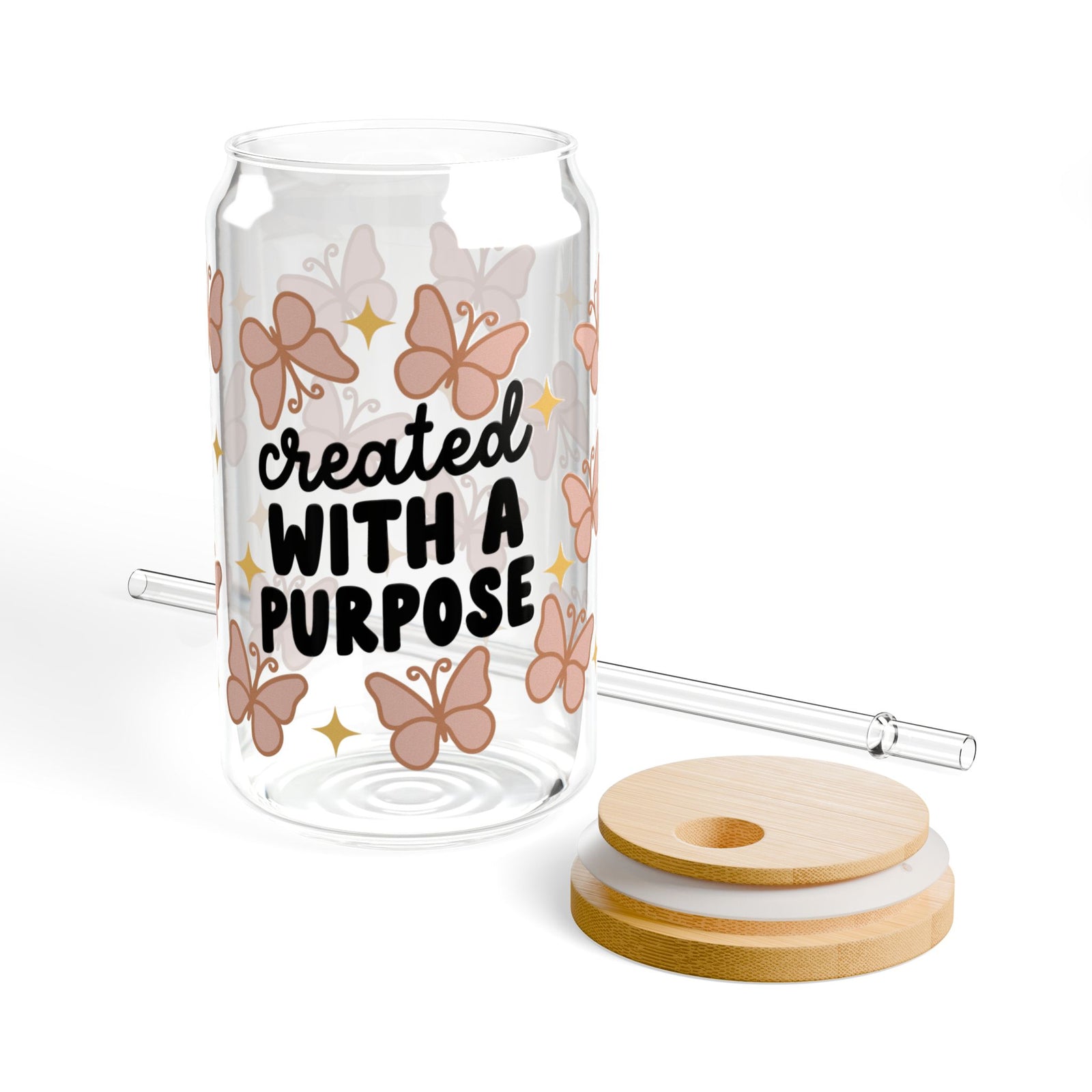 Created With A Purpose Tumbler Sipper Glass 16oz — Reusable Drink Jar with Lid & Straw