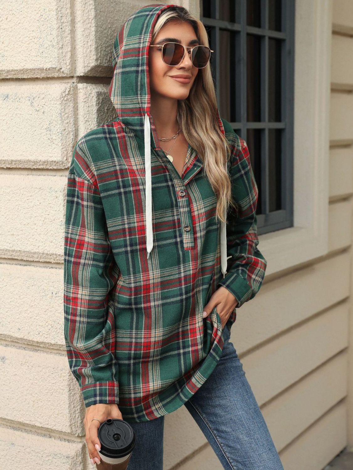 Drawstring Plaid Hooded Long Sleeve Top - Sydney So Sweet