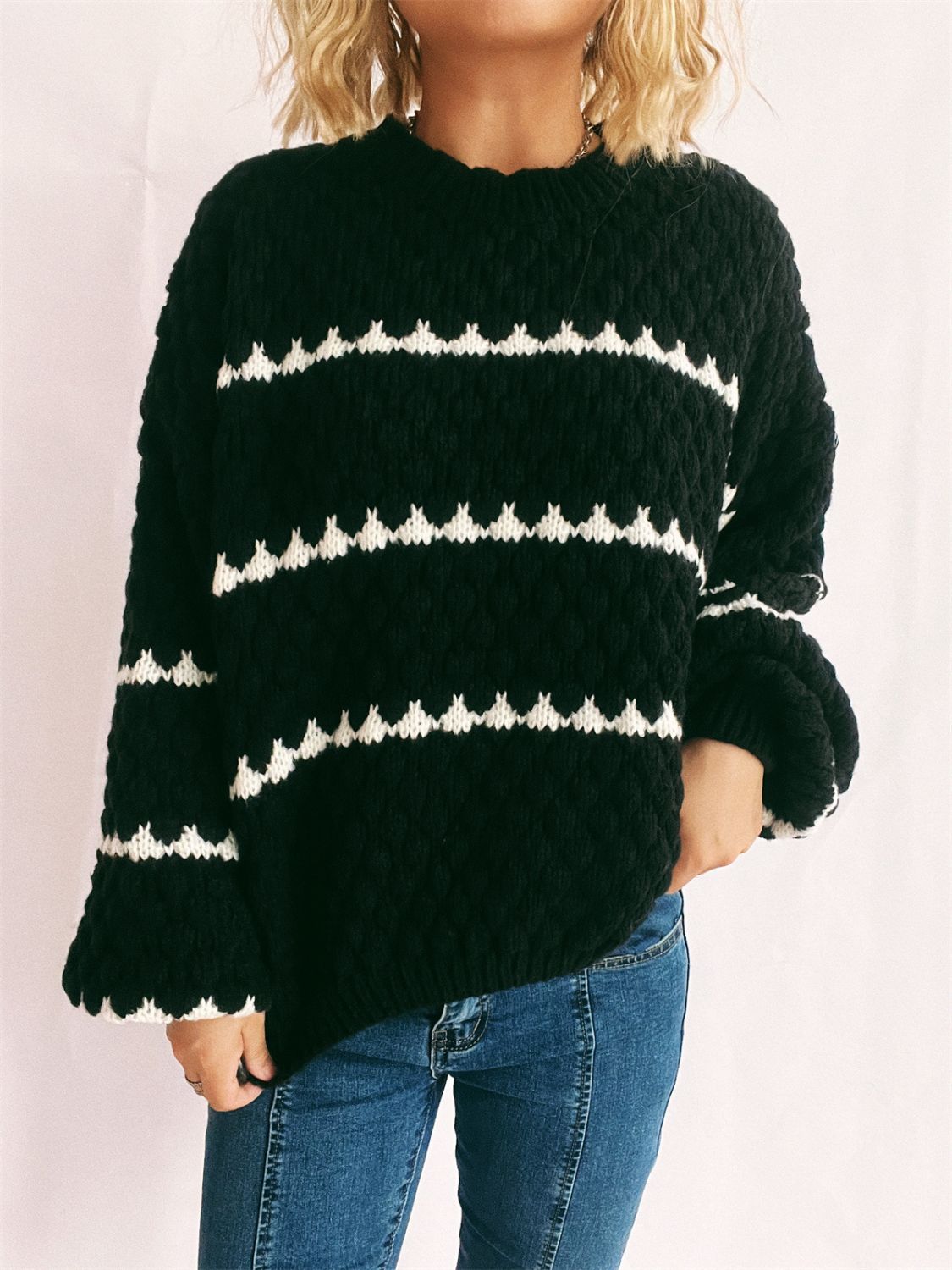 Contrast Stripes Round Neck Long Sleeve Sweater - Sydney So Sweet