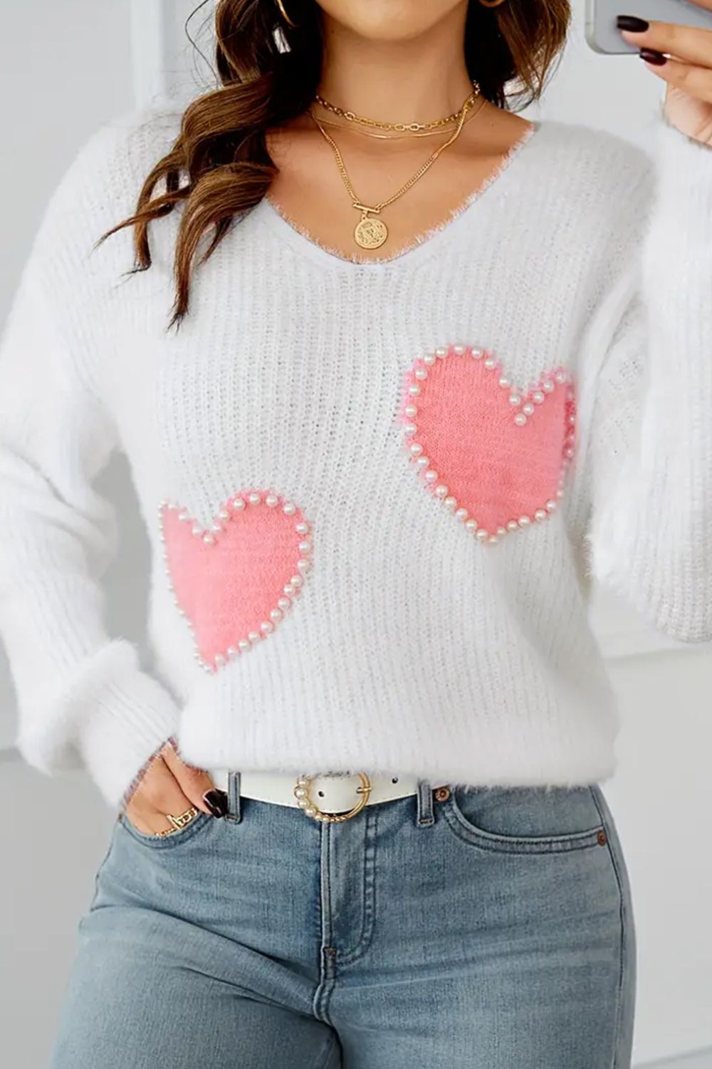 Heart V-Neck Long Sleeve Sweater - Sydney So Sweet