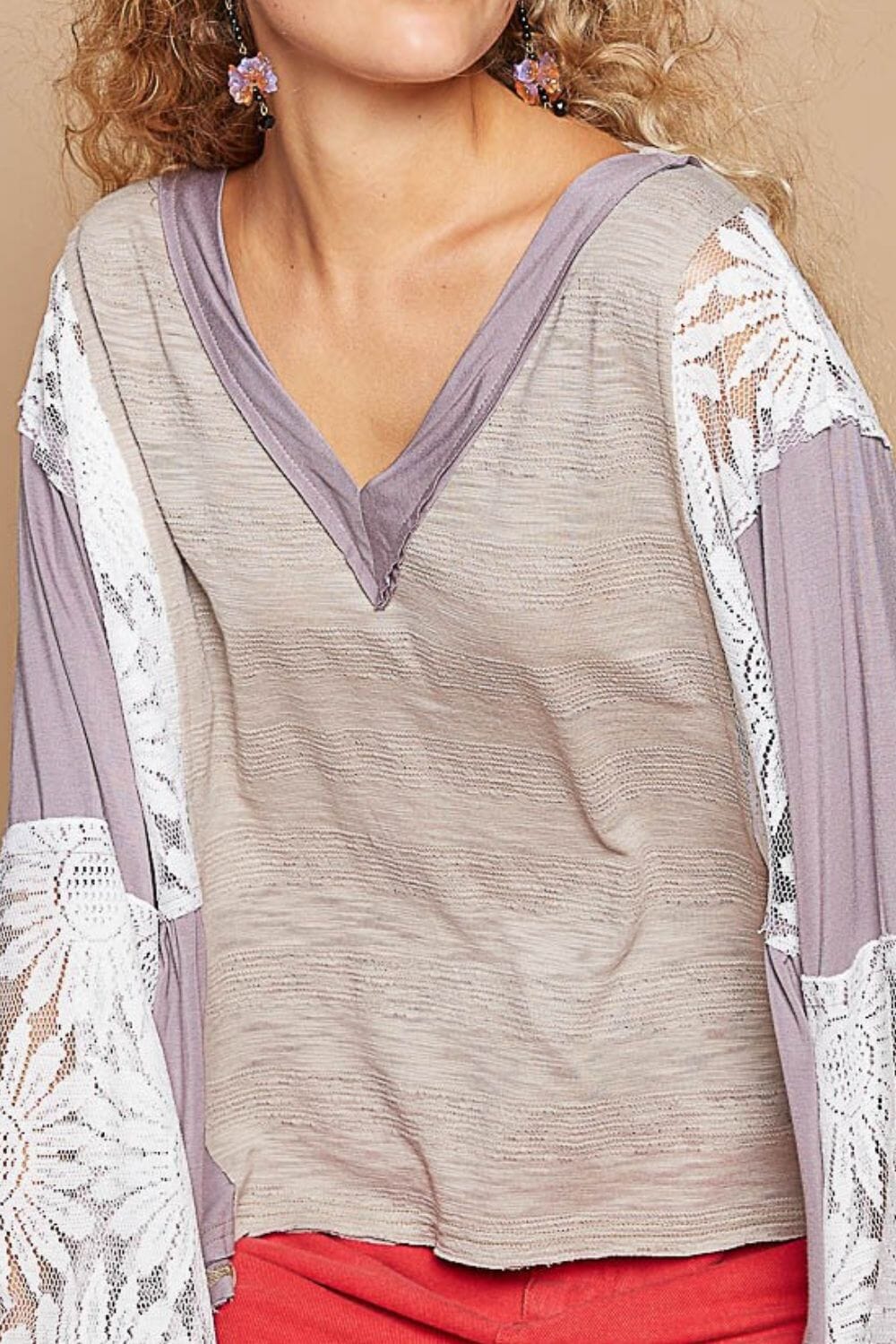 POL Lace Detail V-Neck Flare Sleeve Blouse - Sydney So Sweet