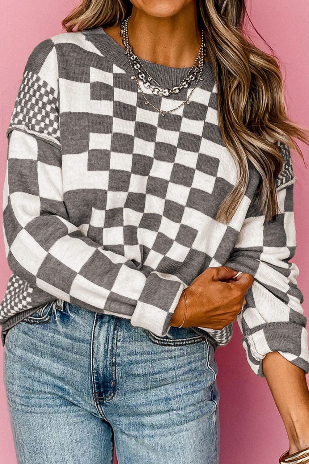 Checkered Round Neck Long Sleeve Sweater - Sydney So Sweet