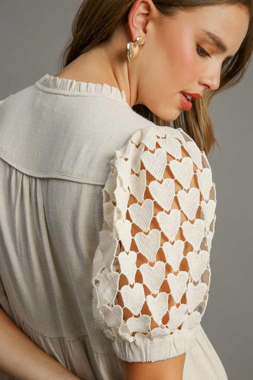 Umgee Full Size Ruffled Hem Heart Lace Sleeve Tie Neck Dress Plus Size - Sydney So Sweet