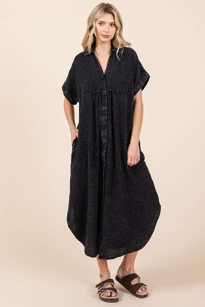 Mittoshop Mineral Wash V Neck Button Up Midi Shirt Dress - Sydney So Sweet