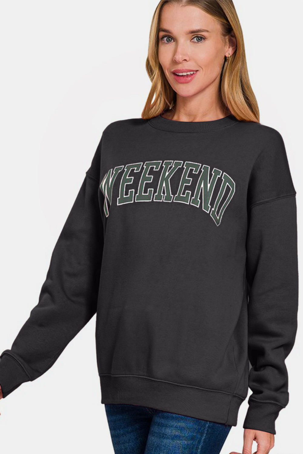 Zenana WEEKEND Round Neck Dropped Shoulder Sweatshirt - Sydney So Sweet