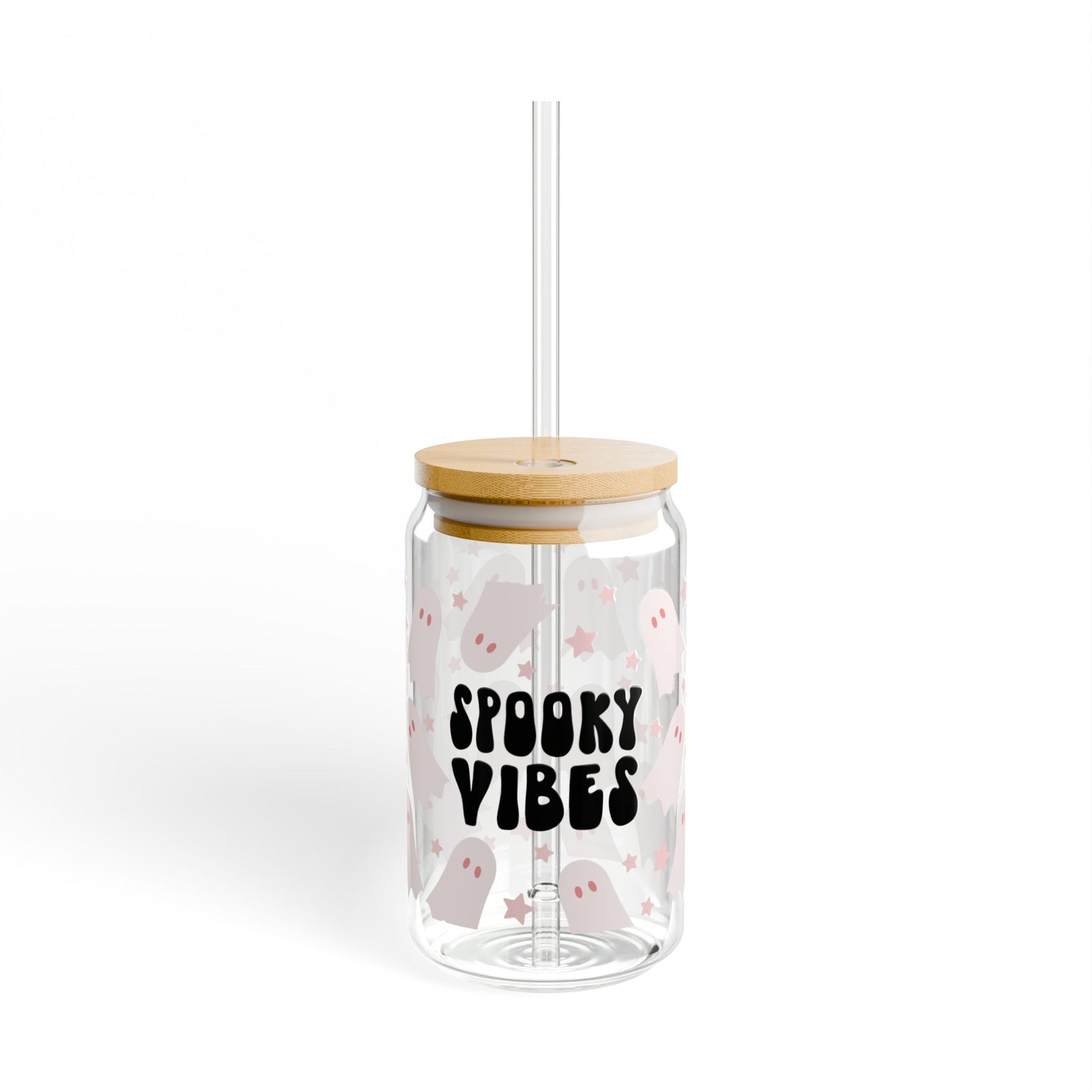 Spooky Vibes Ghost Halloween Sipper Glass 16oz Reusable Drink Jar with Lid & Straw