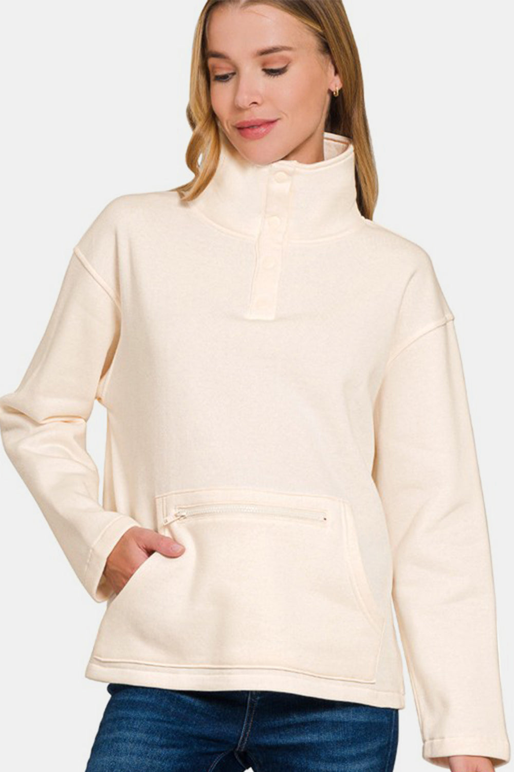 Zenana Turtleneck Half Snap Fleece Sweatshirt - Sydney So Sweet