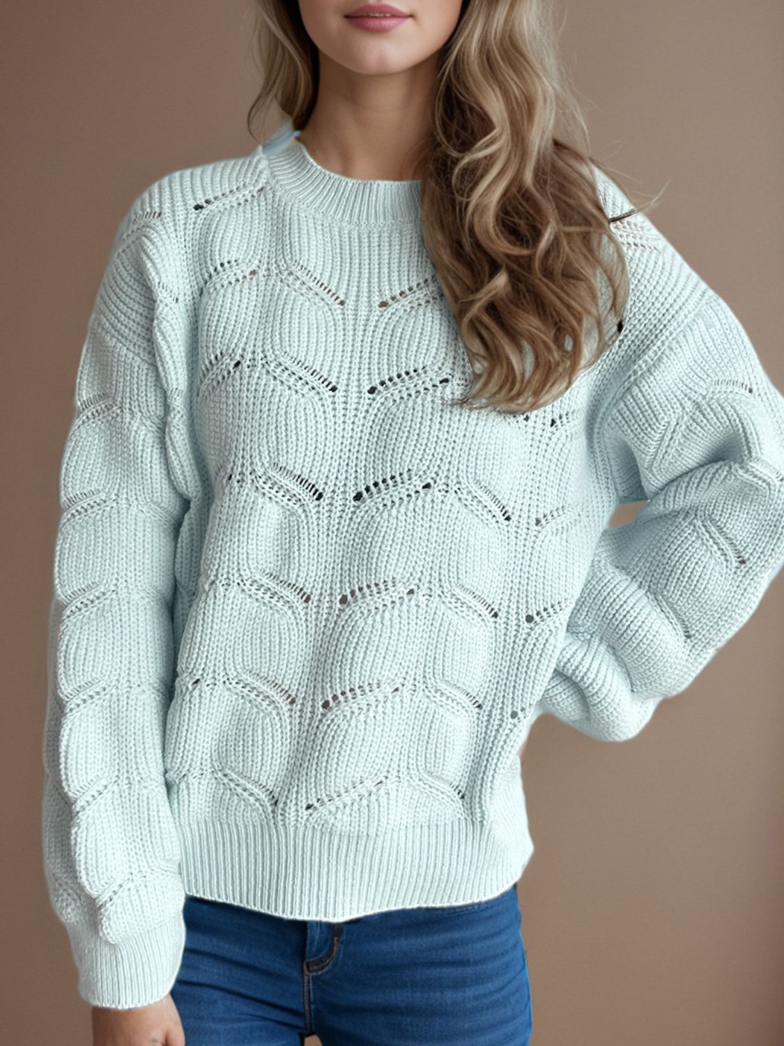 Openwork Round Neck Dropped Shoulder Sweater - Sydney So Sweet