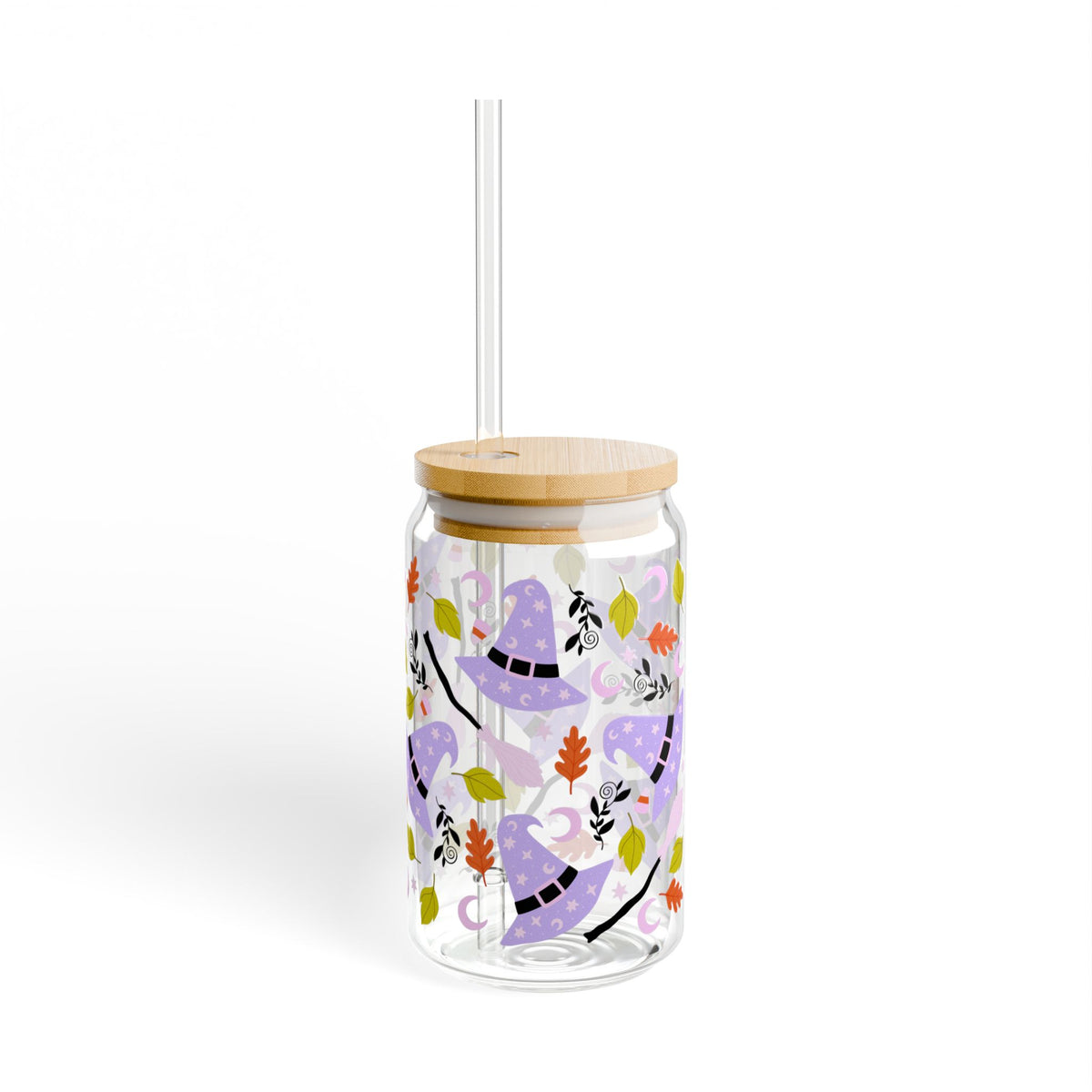 Witchy Lavender Witch Hat & Floral Fall Sipper Glass 16oz Reusable Drink Jar with Lid & Straw