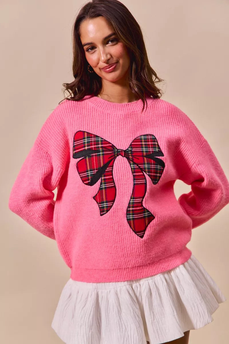 SO ME Checker Plaid Ribbon Christmas Holiday Sweater - Sydney So Sweet