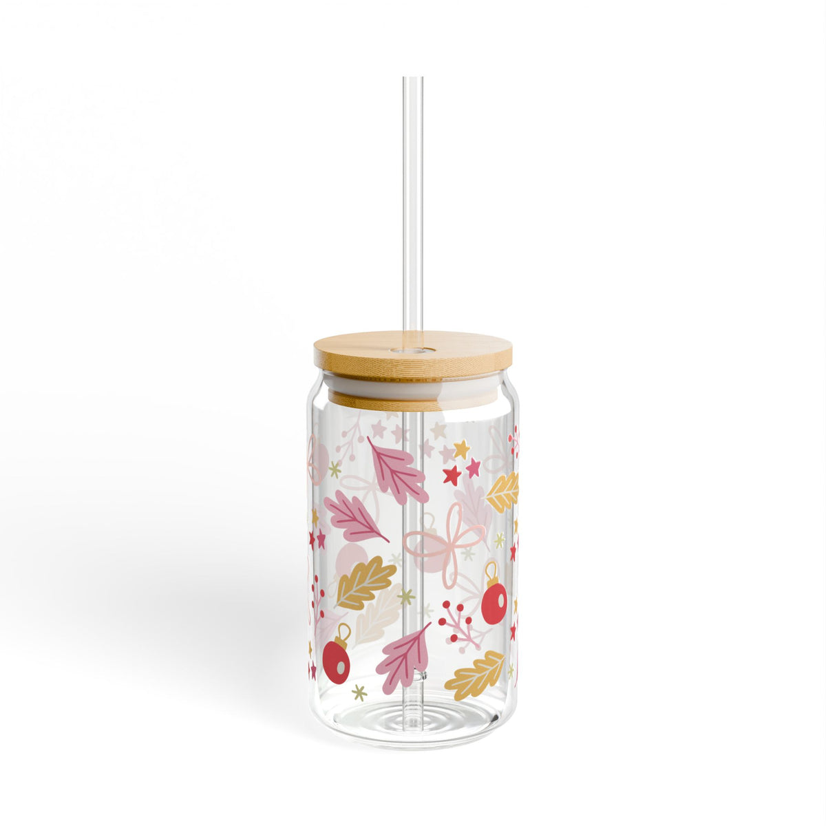 Cheerful Christmas Sipper Glass 16oz Reusable Drink Jar with Lid & Straw