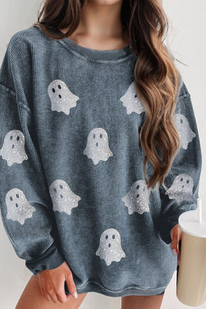 Glitter Ghost Round Neck Long Sleeve Sweatshirt - Sydney So Sweet