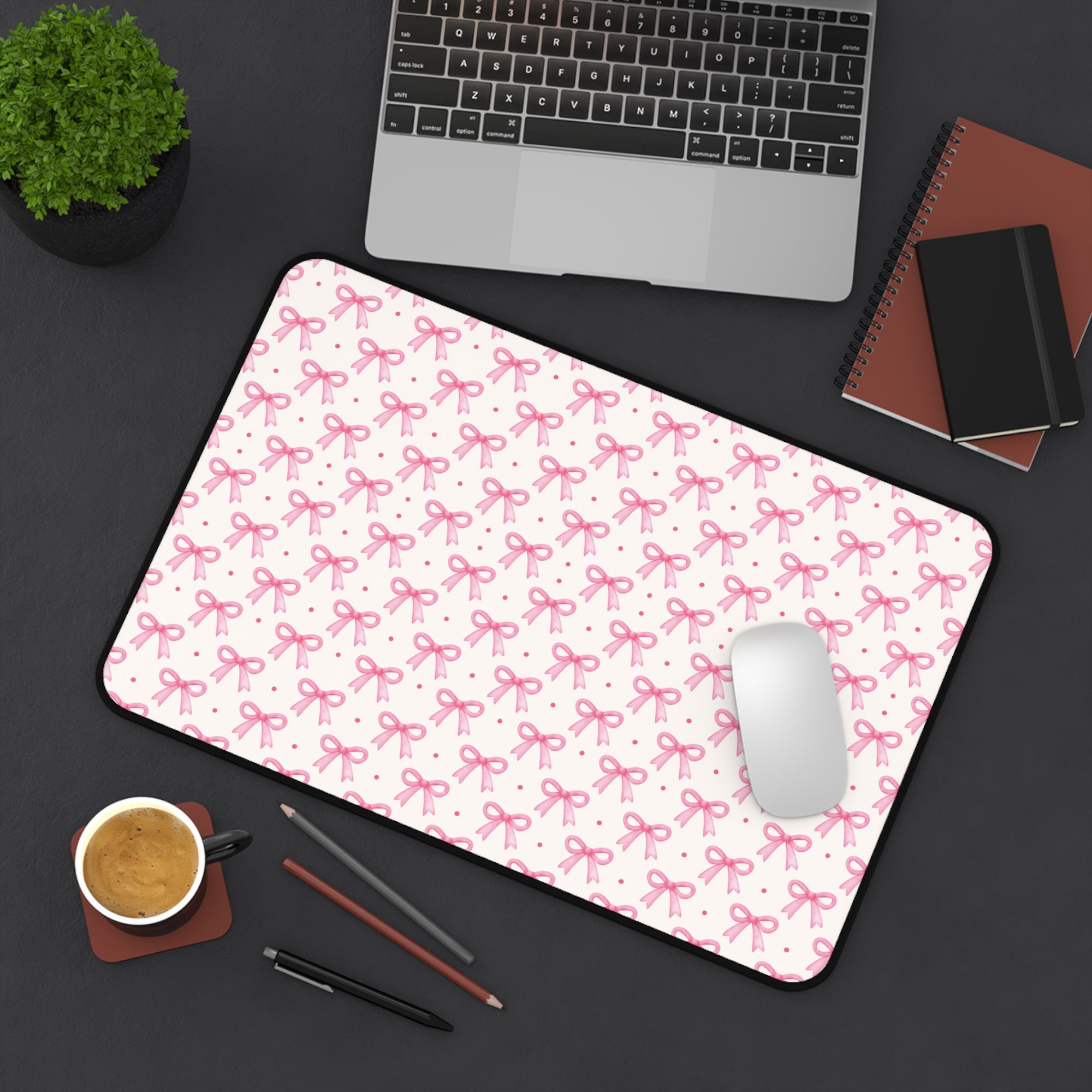 Coquette Bow Desk Mat - Hot Pink & Dot Design for Home Office Decor - Sydney So Sweet