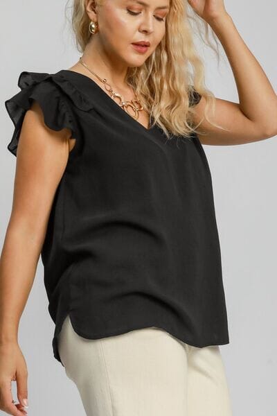 Umgee Full Size V-Neck Double Layered Ruffle Sleeve Blouse Plus Size - Sydney So Sweet