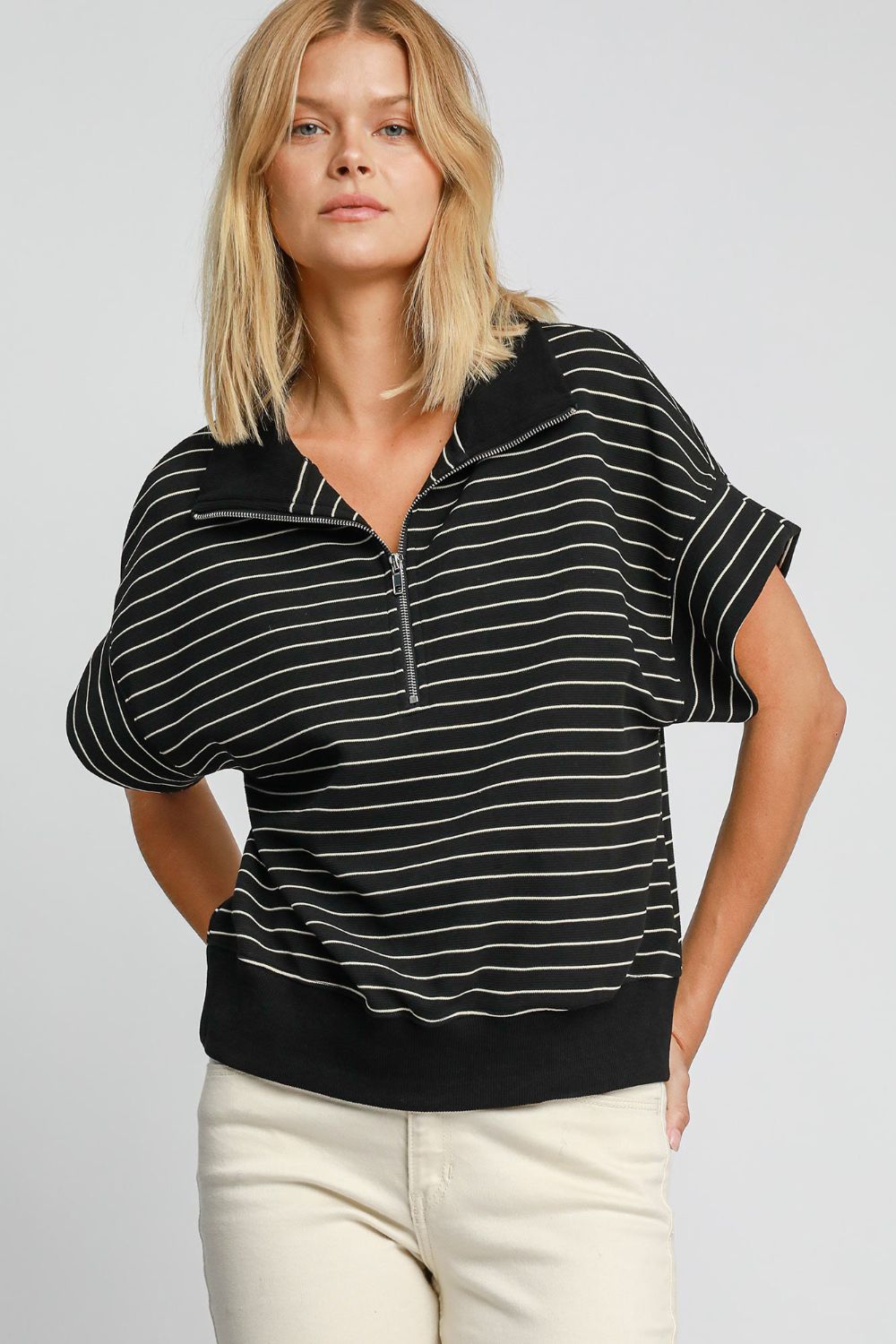 Umgee Striped Half Zip Short Sleeve Sweatshirt - Sydney So Sweet