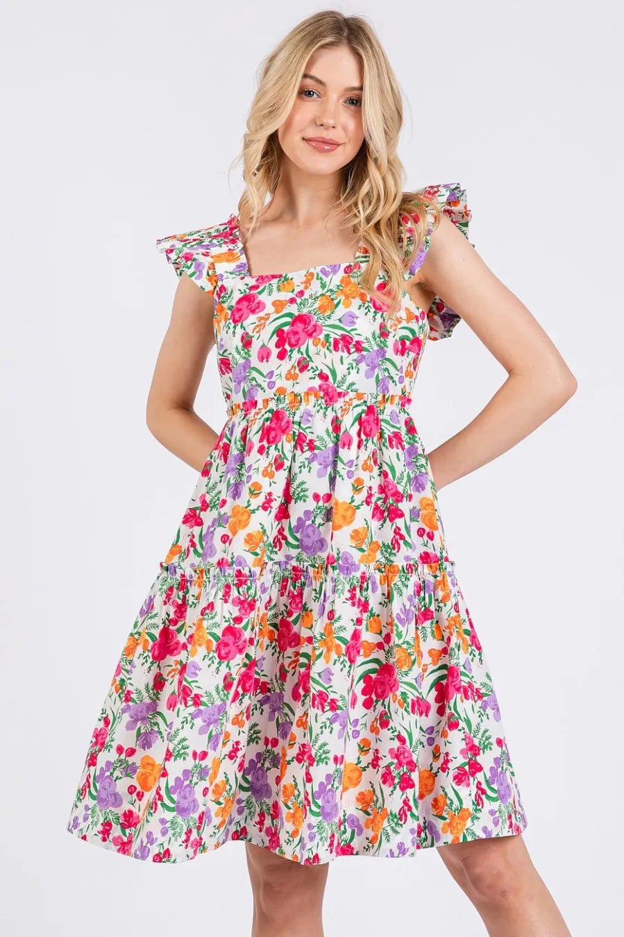 Mittoshop Flower Print Ruffle Shoulder A-line Mini Dress - Sydney So Sweet