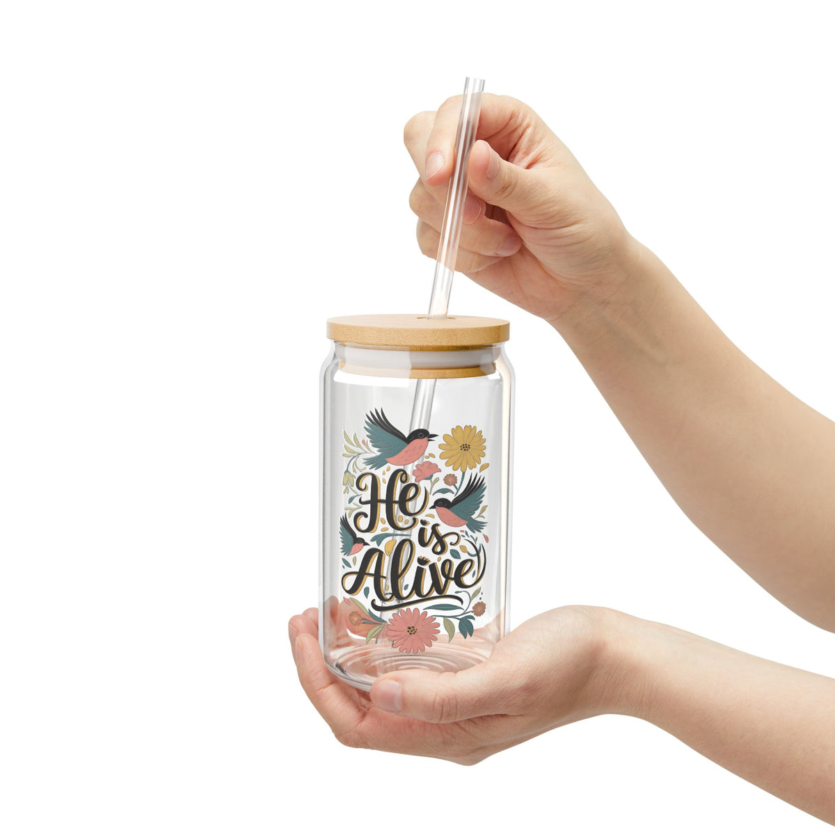 He Is Alive Floral Birds Christian Sipper Glass 16oz Reusable Drink Jar with Lid & Straw