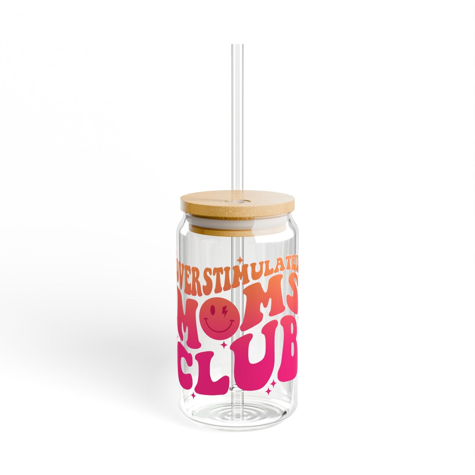 Overstimulated Moms Club Pink & Orange Sipper Glass 16oz Reusable Drink Jar with Lid & Straw
