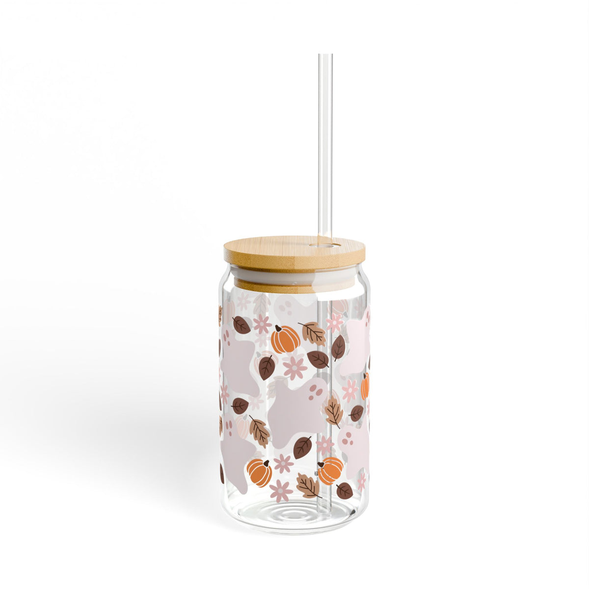 Fall Ghostie Pumpkin Floral Sipper Glass 16oz Reusable Drink Jar with Lid & Straw