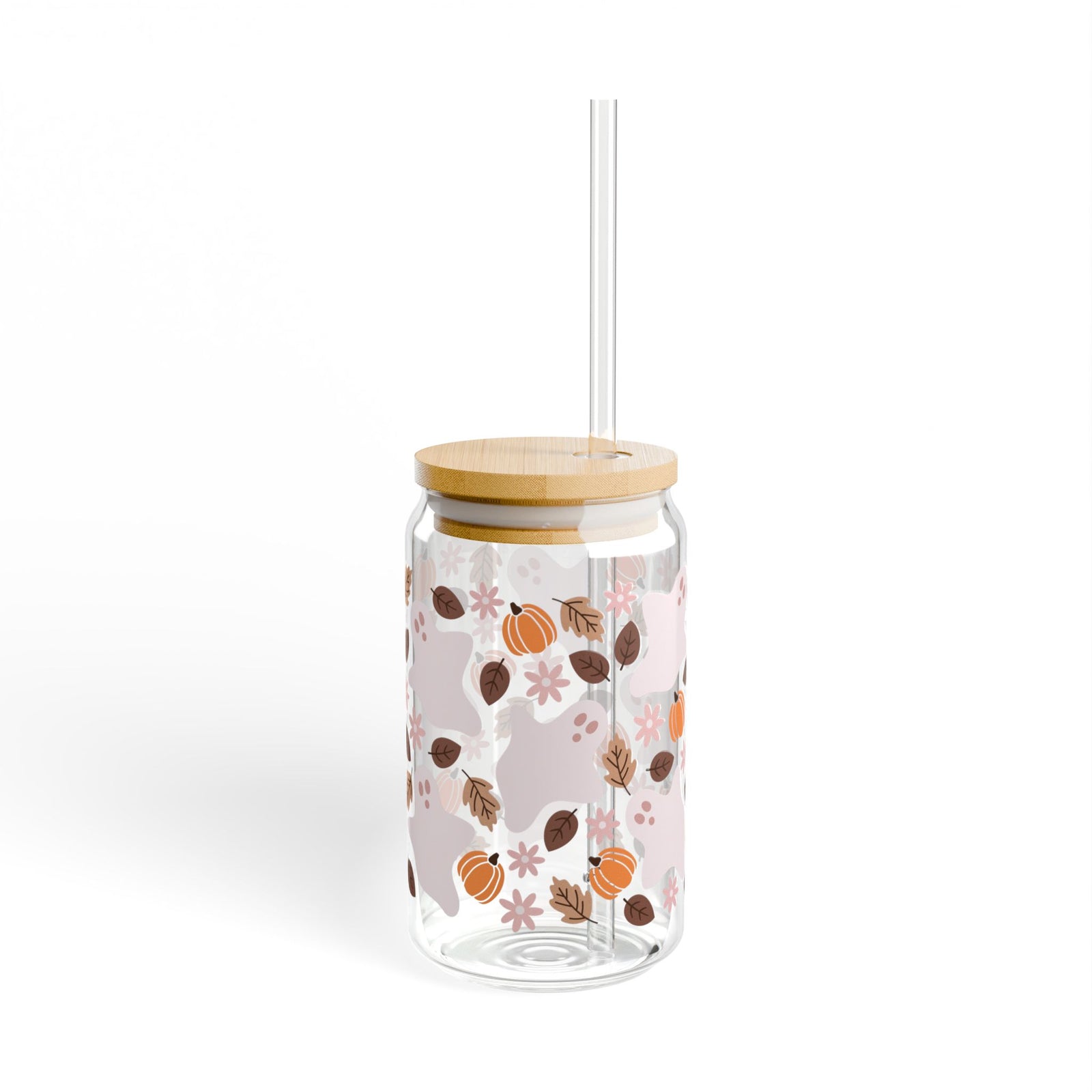 Fall Ghostie Pumpkin Floral Sipper Glass 16oz Reusable Drink Jar with Lid & Straw