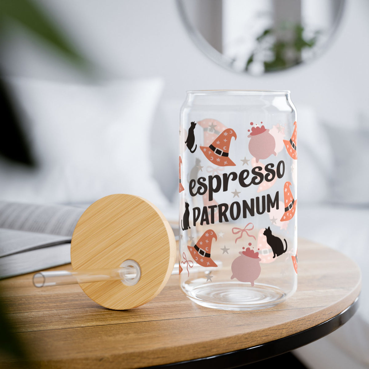Espresso Patronum Halloween Brew Sipper Glass 16oz Reusable Drink Jar with Lid & Straw