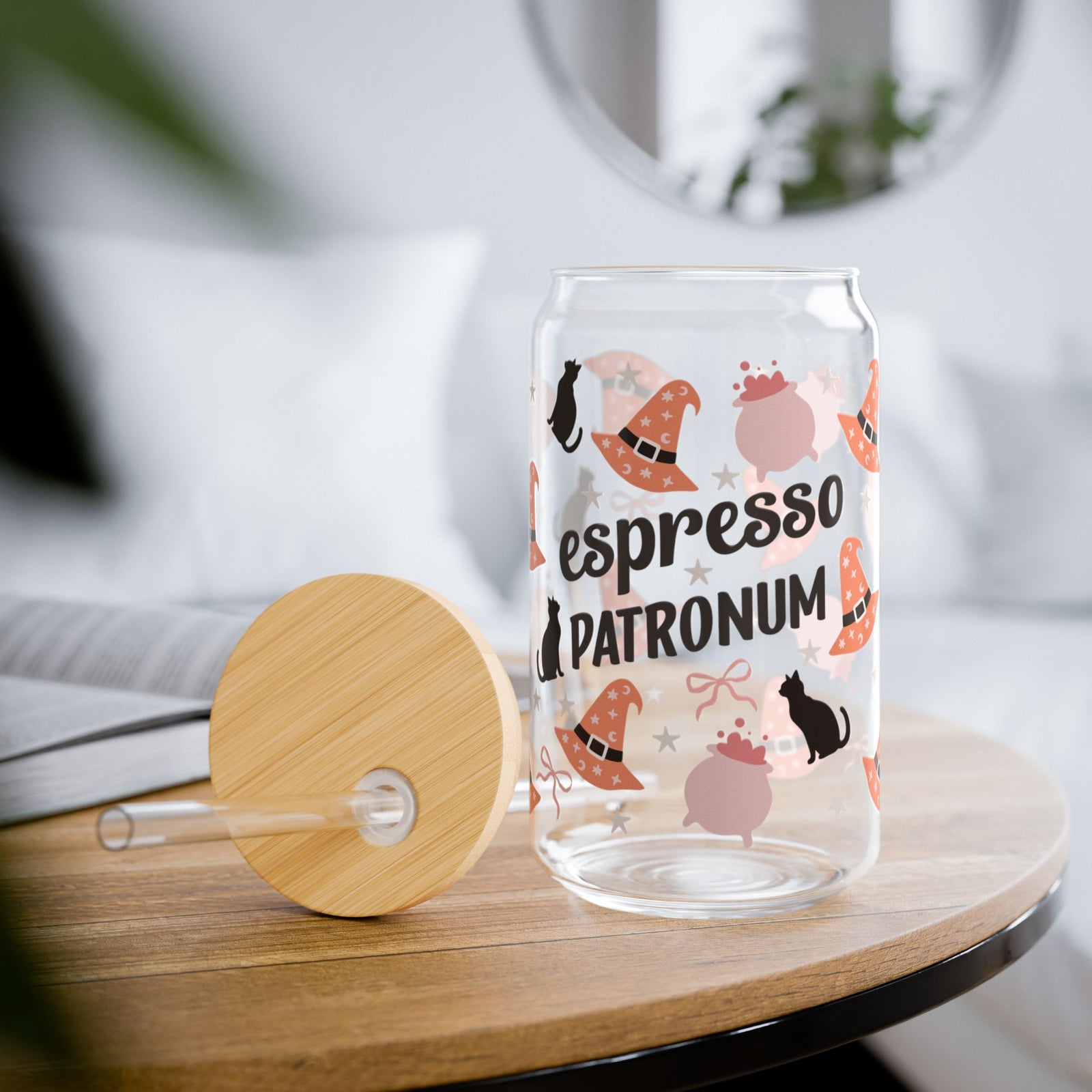 Espresso Patronum Halloween Brew Sipper Glass 16oz Reusable Drink Jar with Lid & Straw
