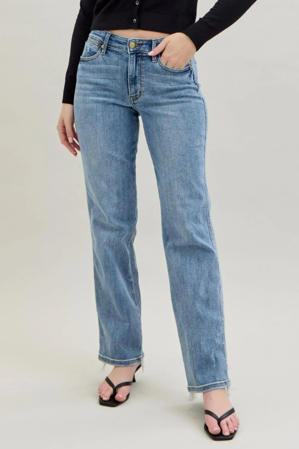 Judy Blue Frayed Hem Cell Phone Pocket Dad Jeans - Sydney So Sweet