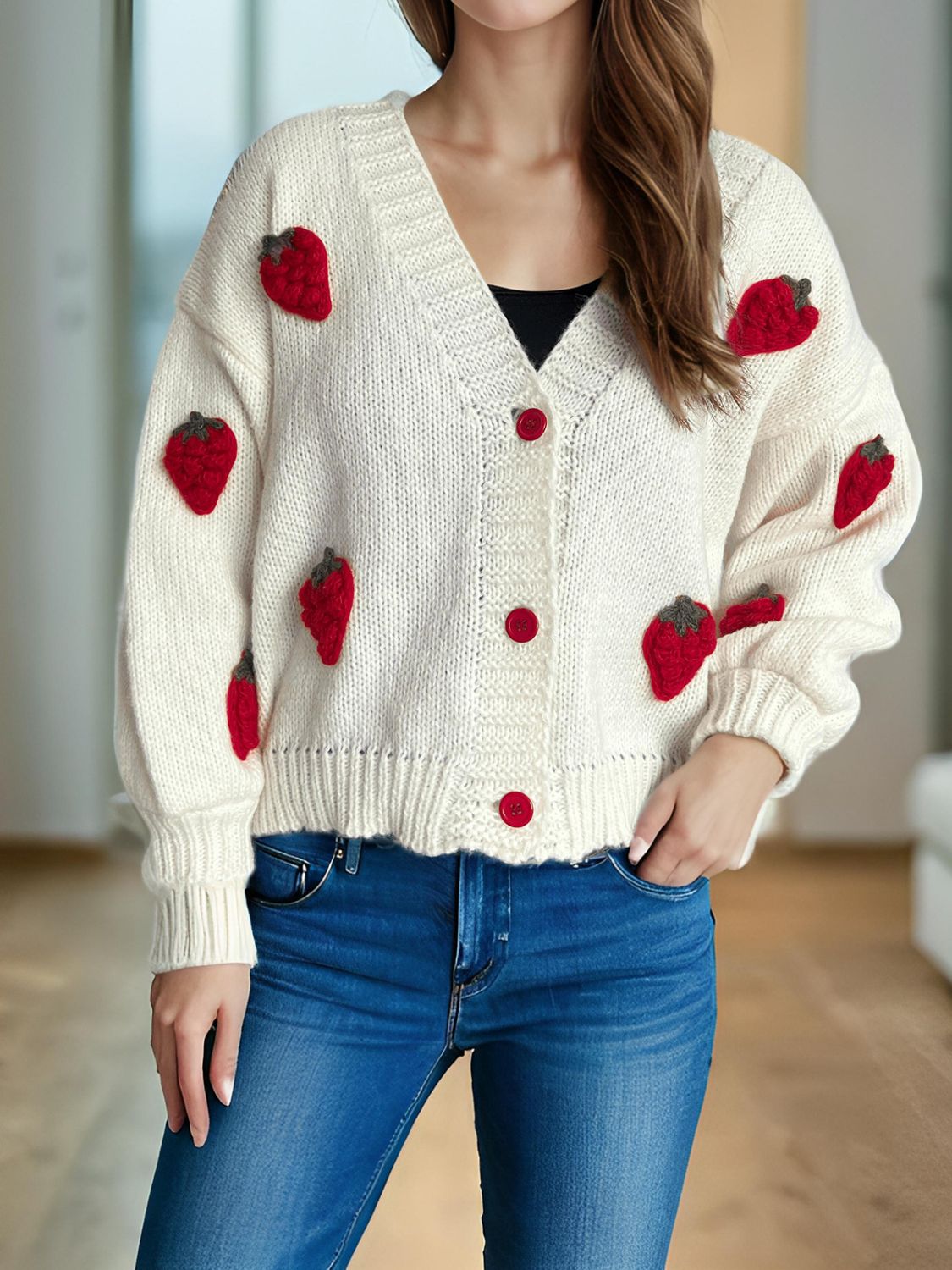 Crochet Strawberry V-Neck Long Sleeve Cardigan - Sydney So Sweet