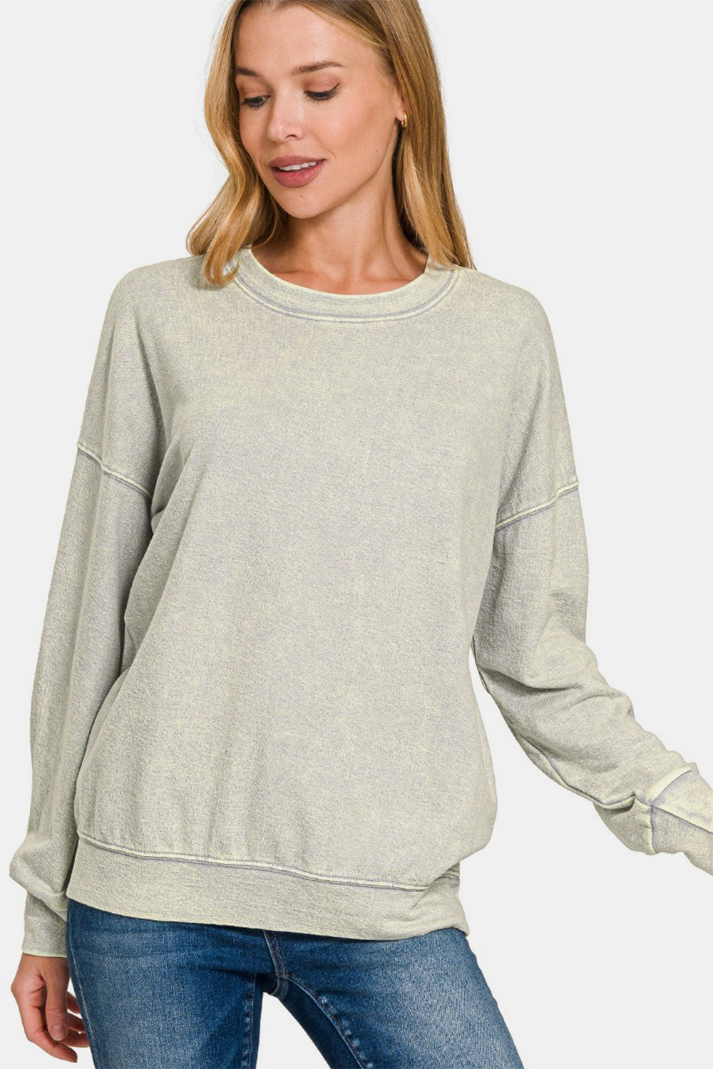 Zenana Washed Round Neck Dropped Shoulder Sweatshirt - Sydney So Sweet