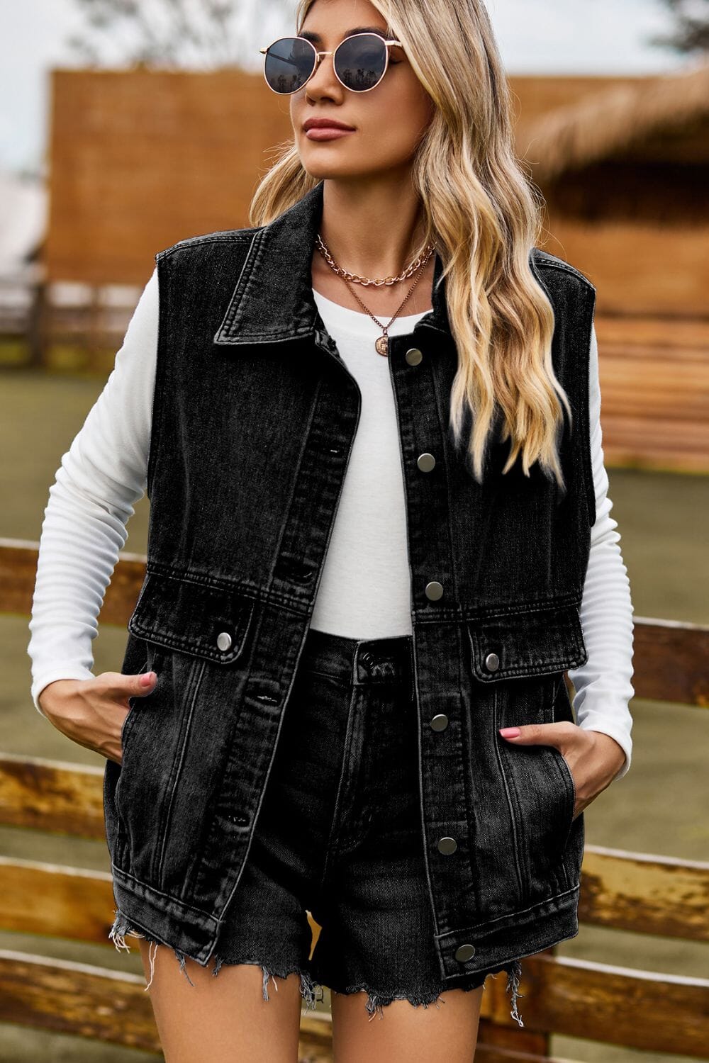 Sleeveless Collared Neck Denim Top with Pockets - Sydney So Sweet