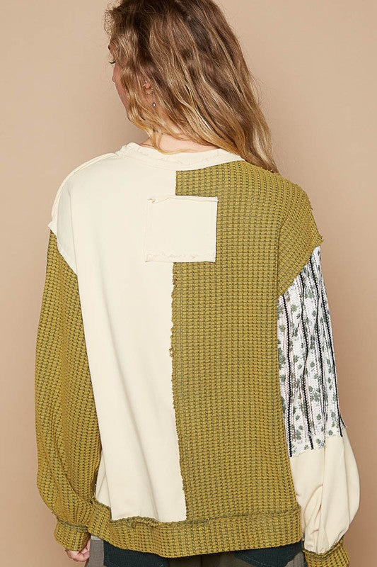 POL Exposed Seam Floral Patch Color Block Round Neck Sweatshirt - Sydney So Sweet