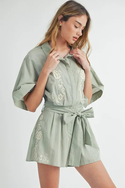 MABLE Embroidered Button Down Collared Neck Romper - Sydney So Sweet