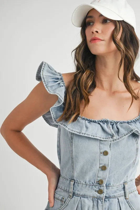 MABLE Off Shoulder Ruffle Detail Denim Romper - Sydney So Sweet