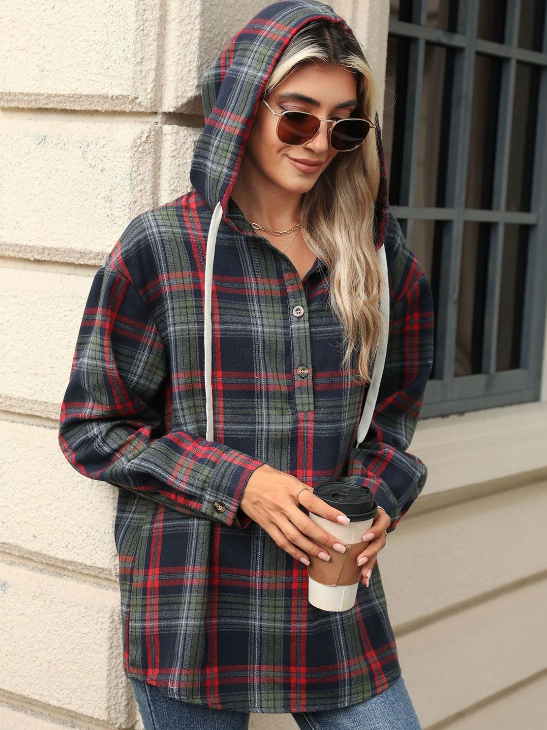 Drawstring Plaid Hooded Long Sleeve Top - Sydney So Sweet