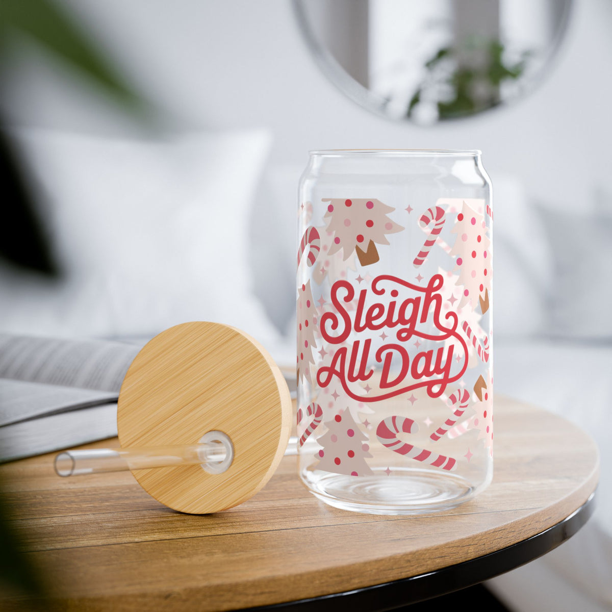 Sleight All Day Christmas Sipper Glass 16oz Reusable Drink Jar with Lid & Straw