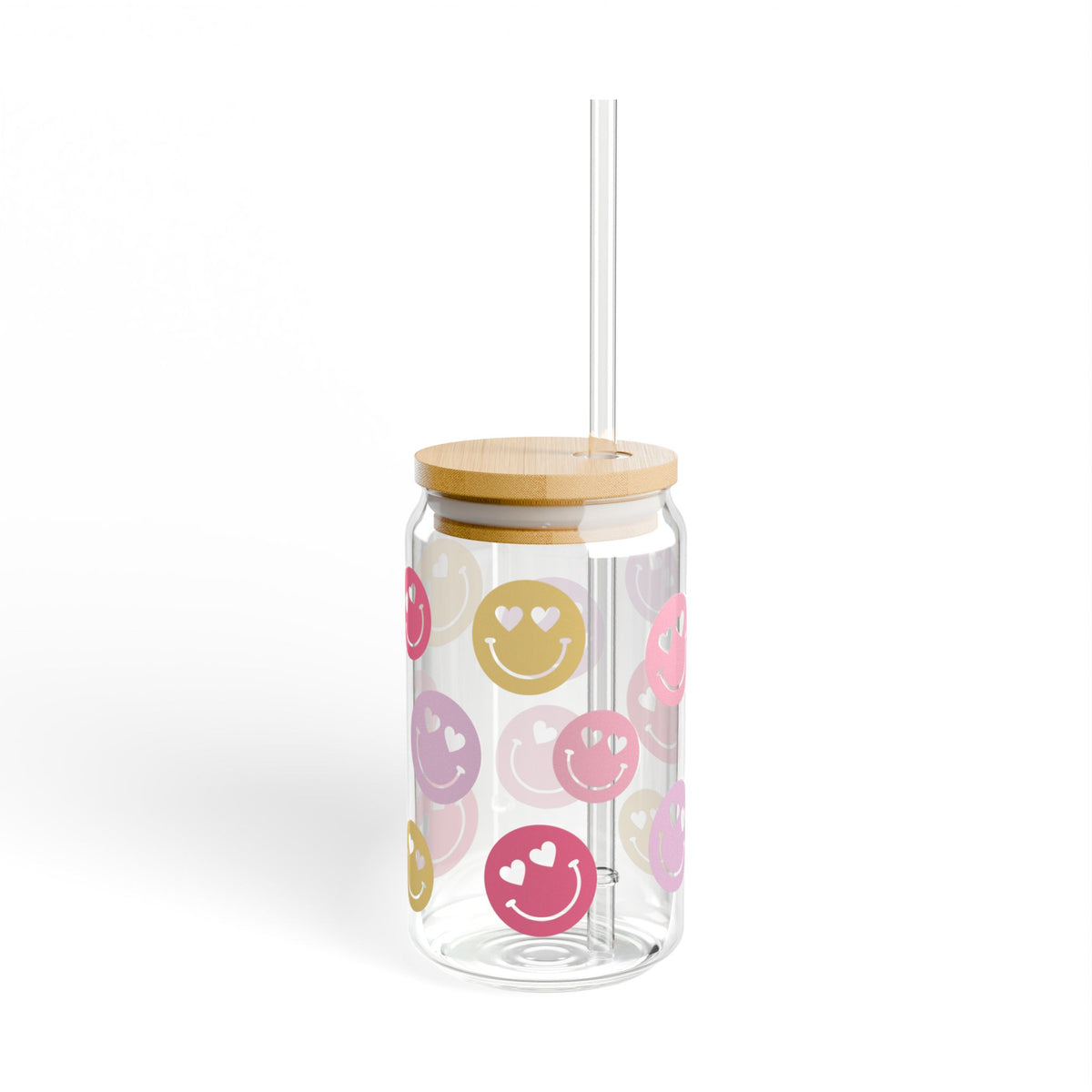 Heart Eyes Smiley Face Tumbler Sipper Glass 16oz — Reusable Drink Jar with Lid & Straw