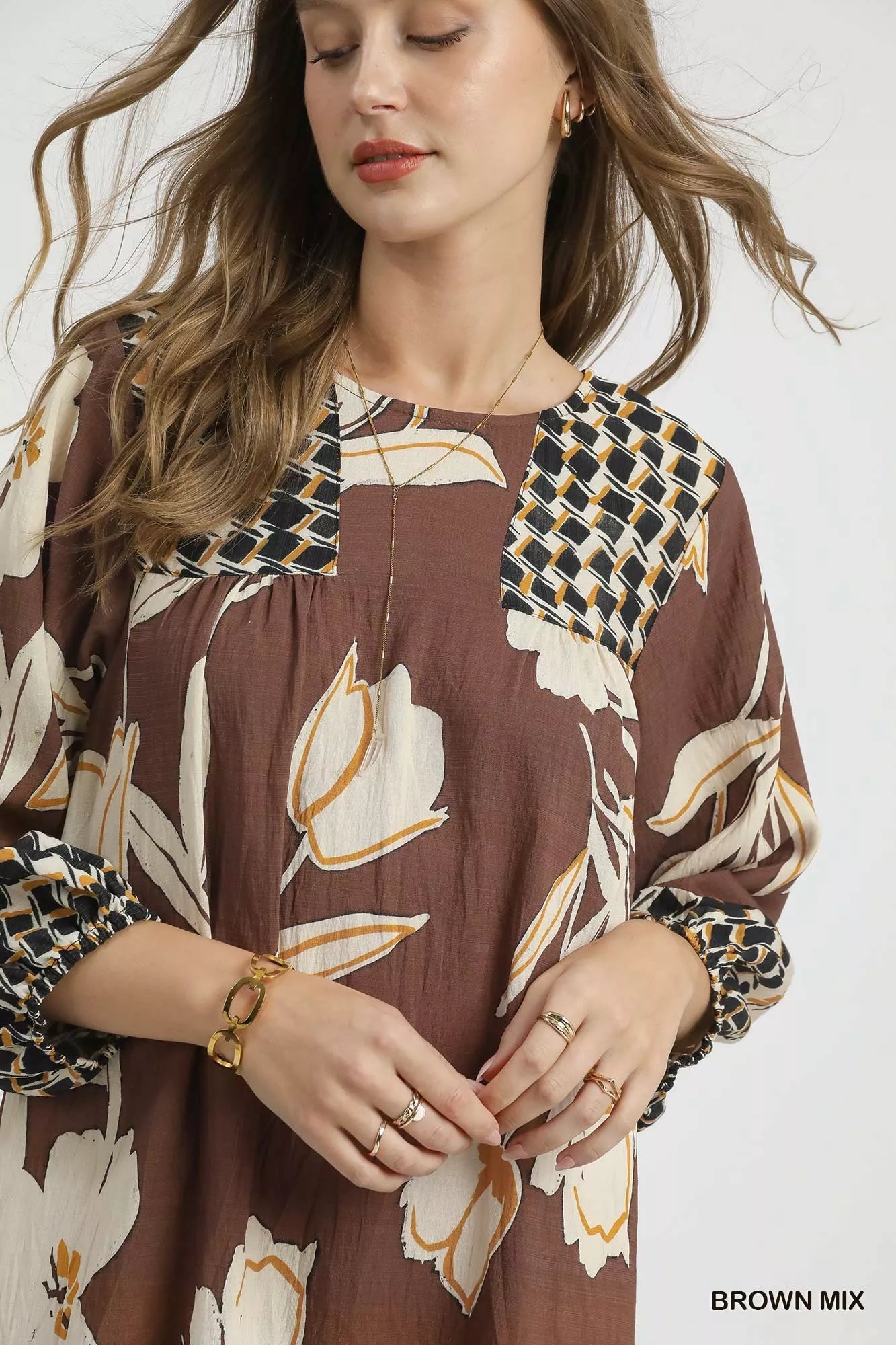 Umgee Floral High-Low Babydoll Dress BROWN MIX / S Umgee Floral High-Low Babydoll Dress BROWN MIX / S