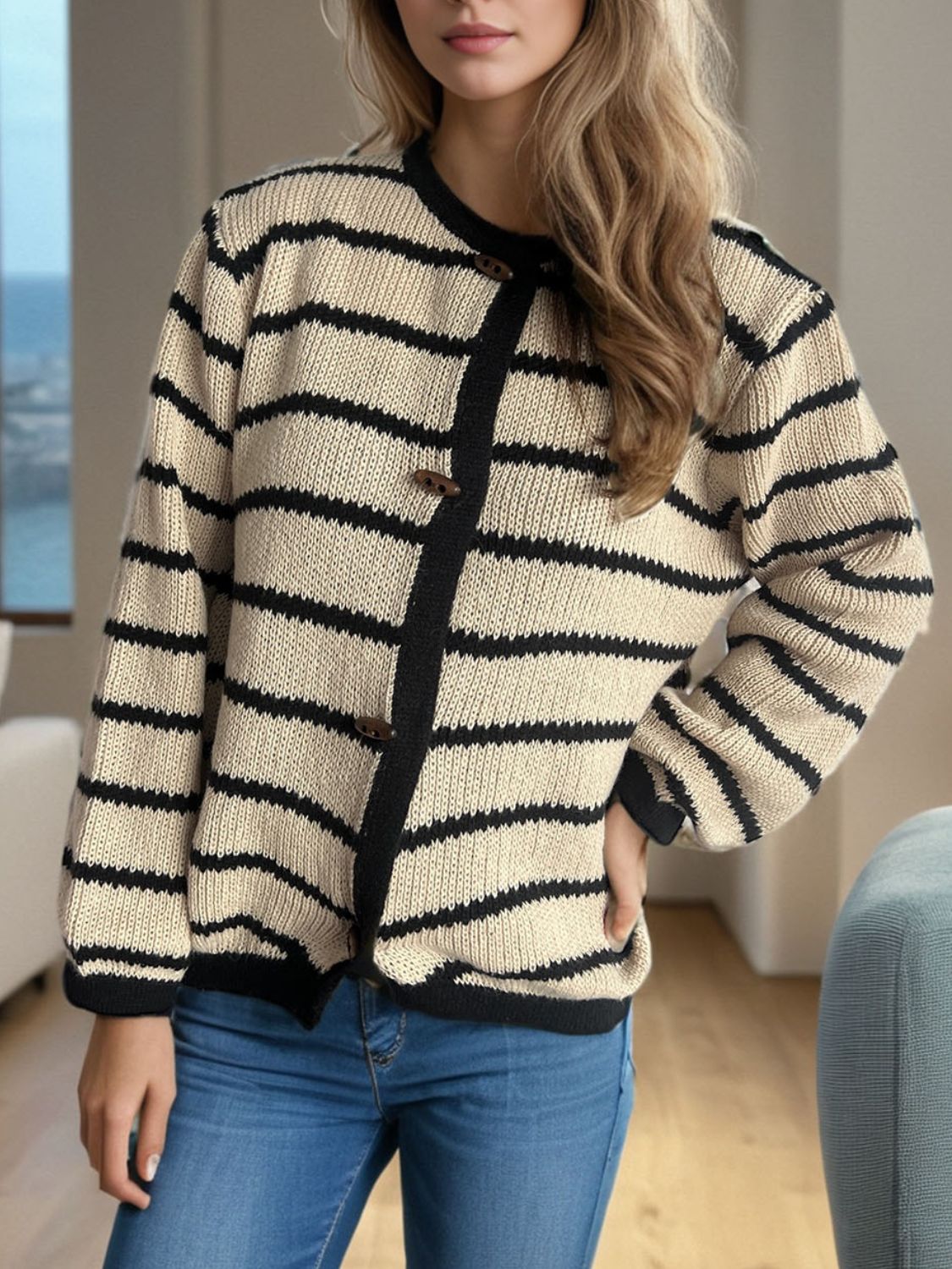 Striped Round Neck Long Sleeve Cardigan - Sydney So Sweet