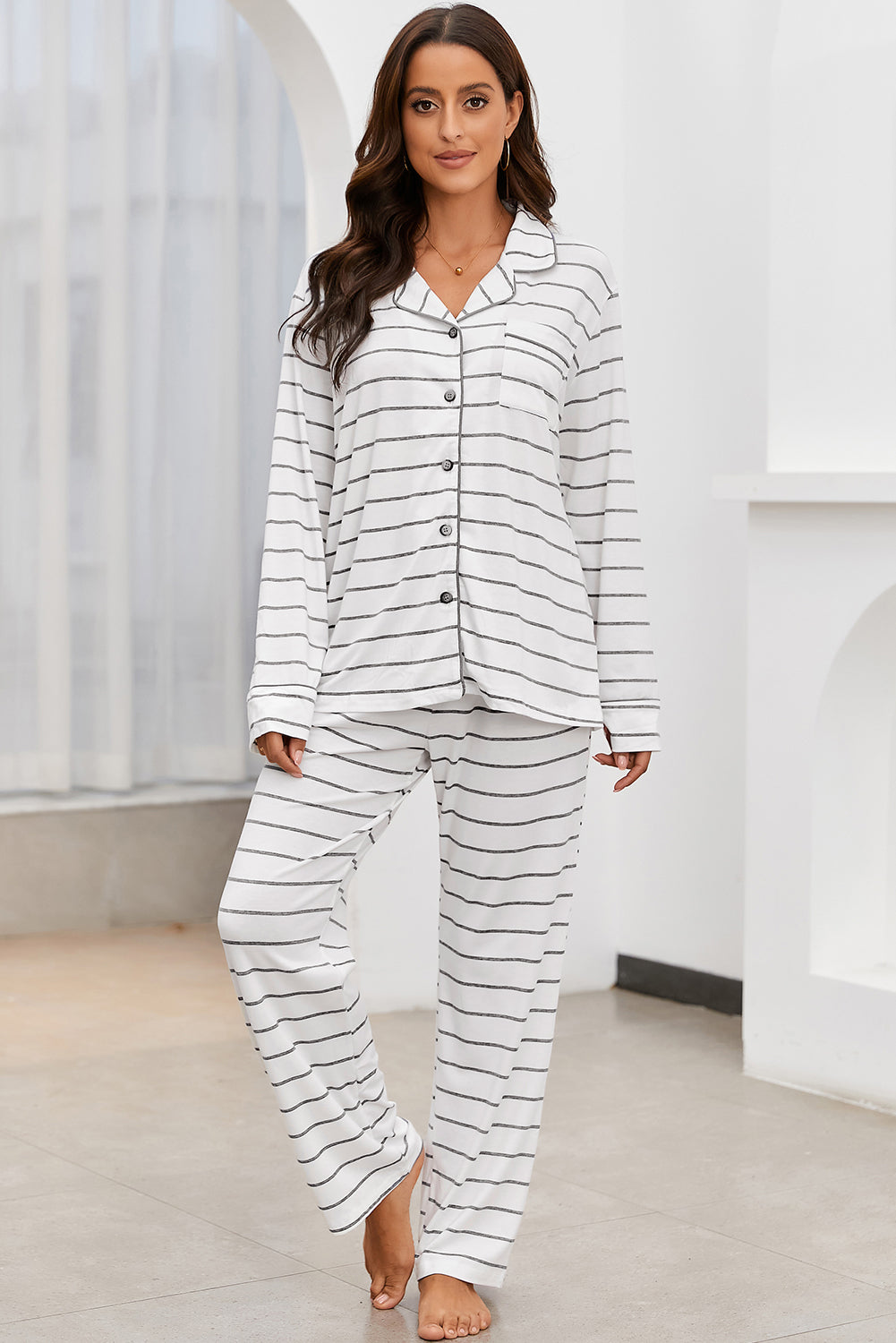 Striped V-Neck Long Sleeve Top and Pants Lounge Set - Sydney So Sweet