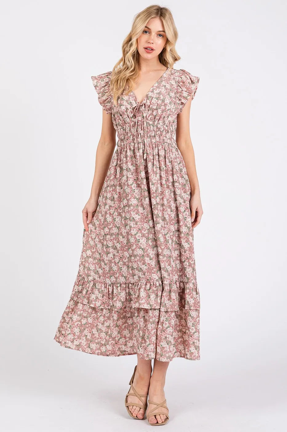 Mittoshop Flower Print Ruffle Cap Sleeve V-neck Midi Dress - Sydney So Sweet