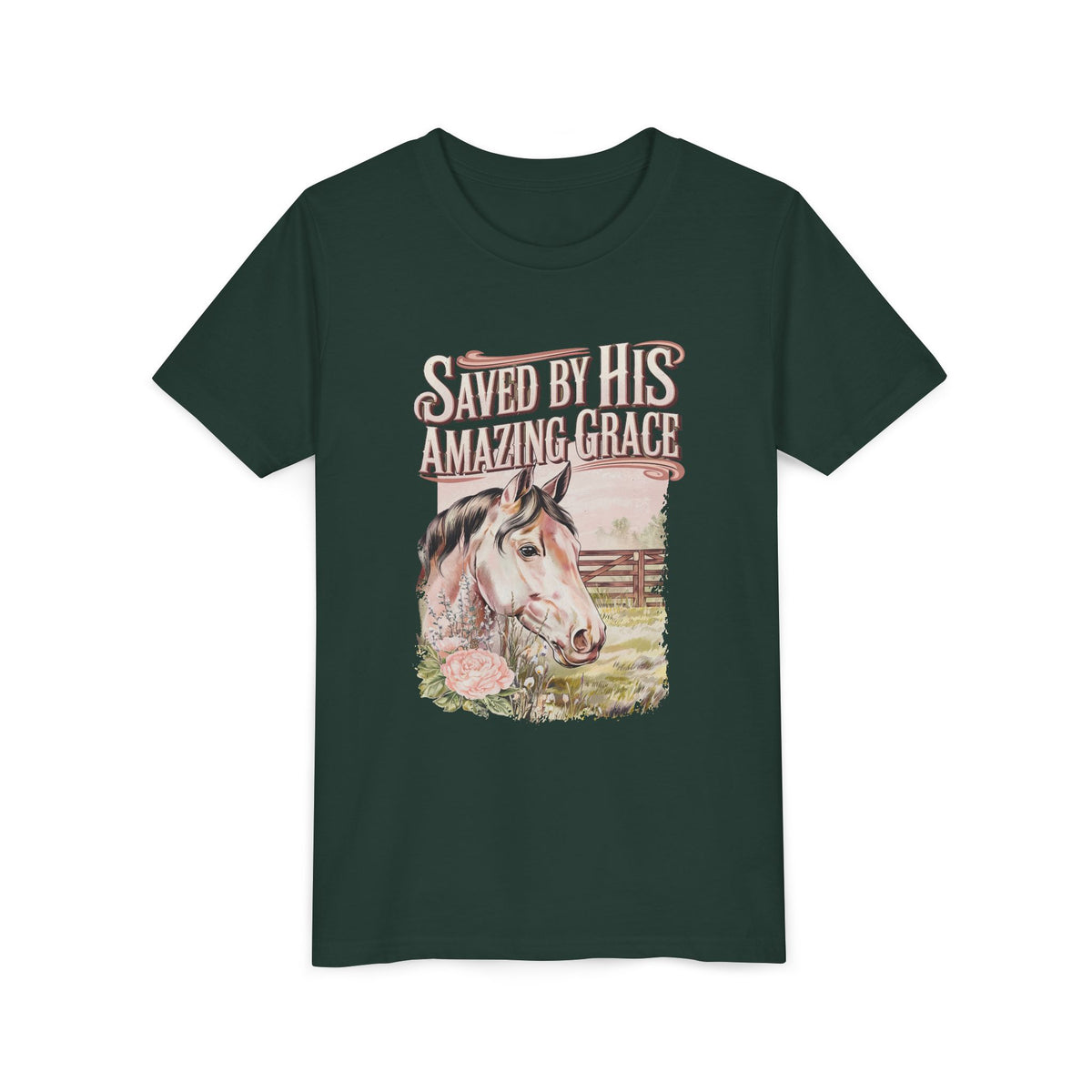 Youth Tee — "Saved By His Amazing Grace" Horse Graphic Christian Shirt