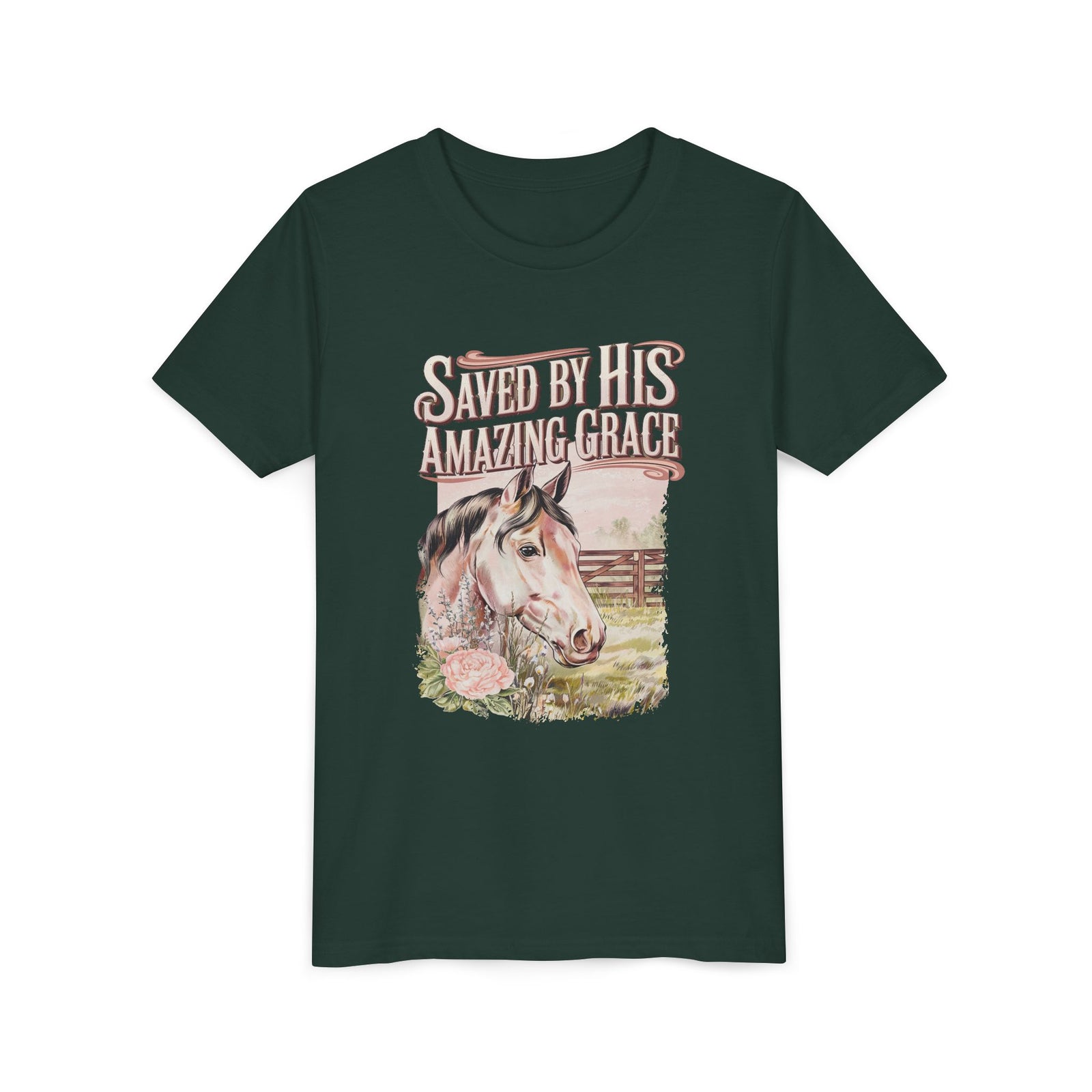 Youth Tee — "Saved By His Amazing Grace" Horse Graphic Christian Shirt