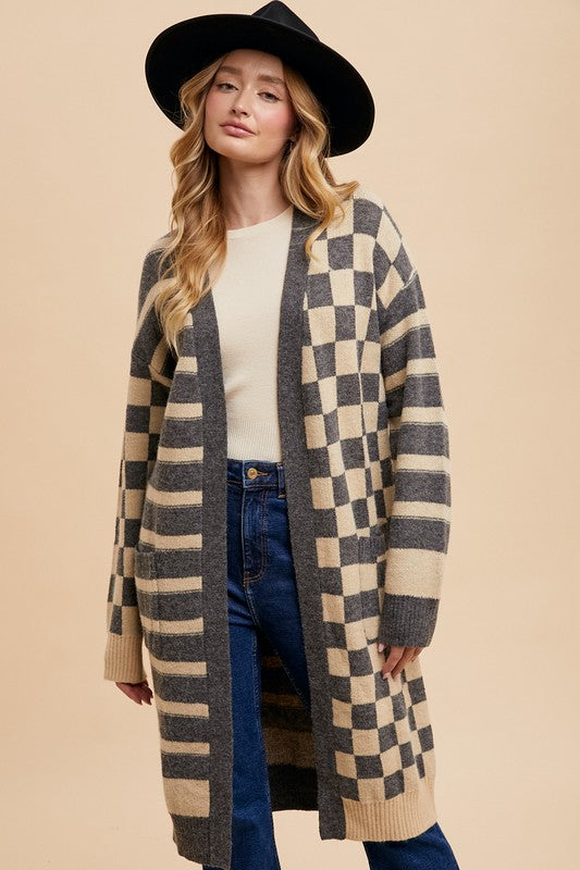 Annie Wear Checkered &amp; Striped Open Front Long Sleeve Cardigan - Sydney So Sweet