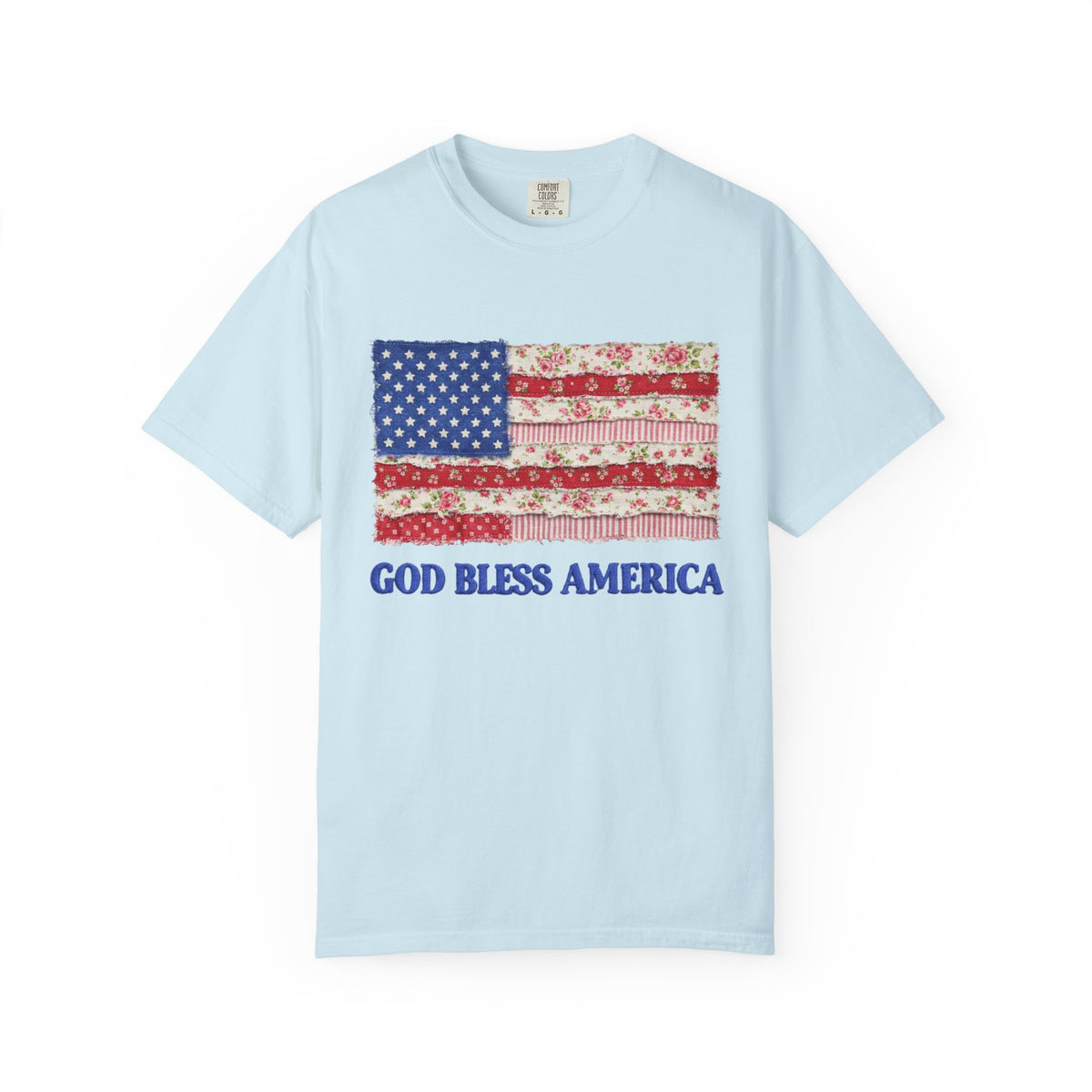God Bless America Faux Fabric Flag T-Shirt Patriotic Graphic Tee