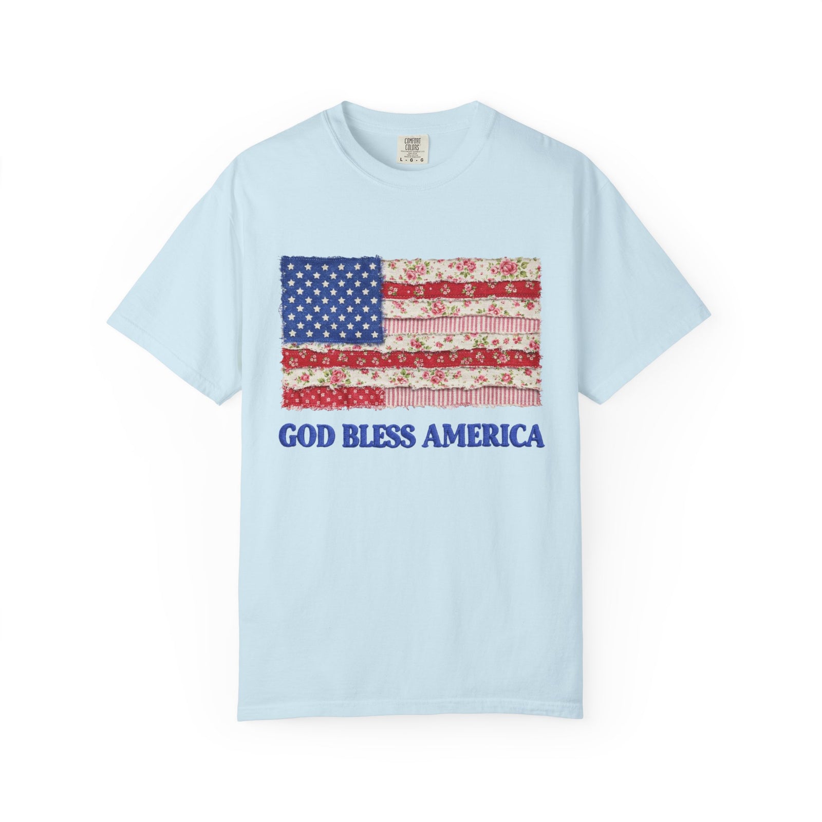 God Bless America Faux Fabric Flag T-Shirt Patriotic Graphic Tee