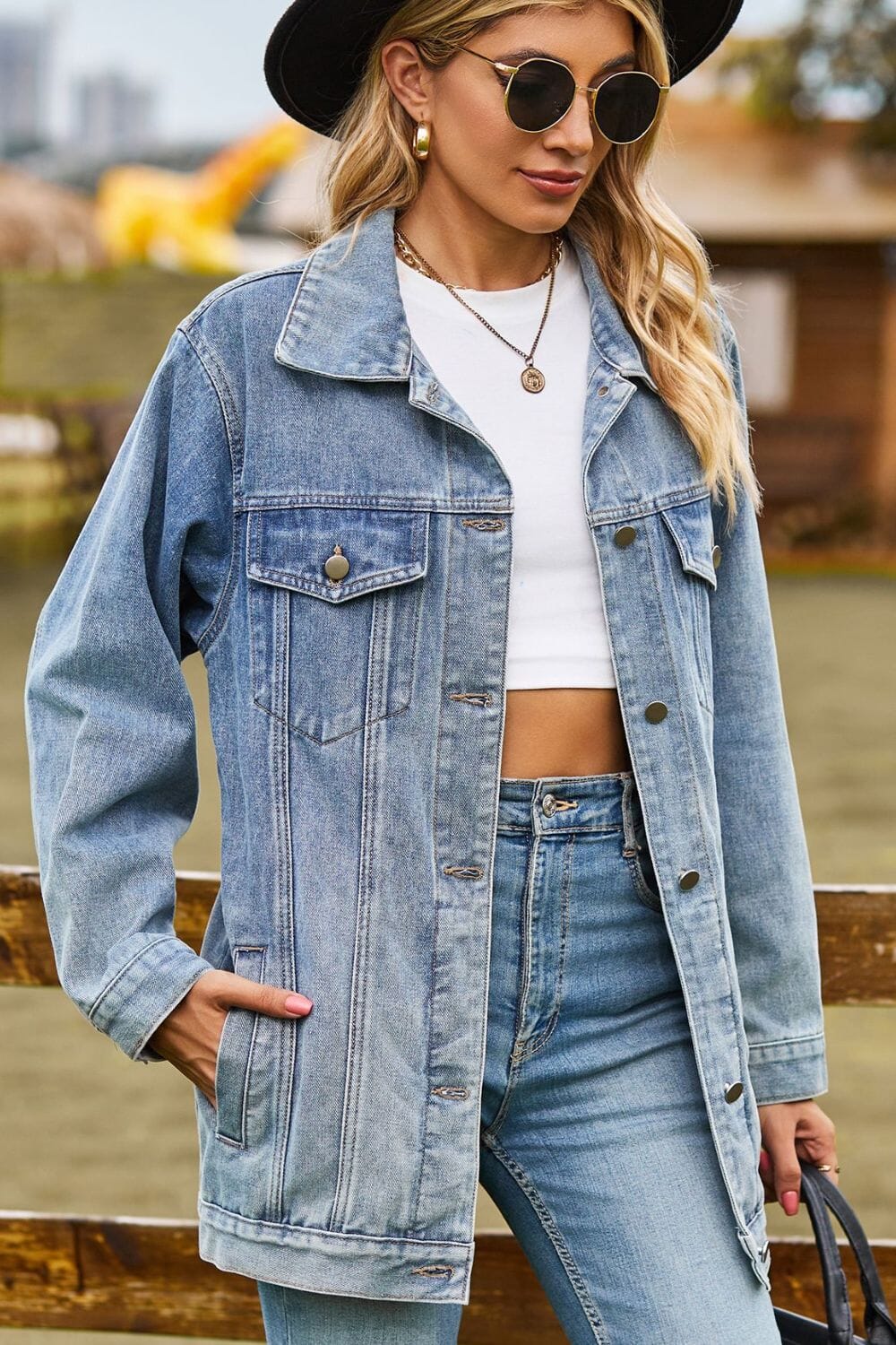 Buttoned Collared Neck Denim Jacket with Pockets - Sydney So Sweet