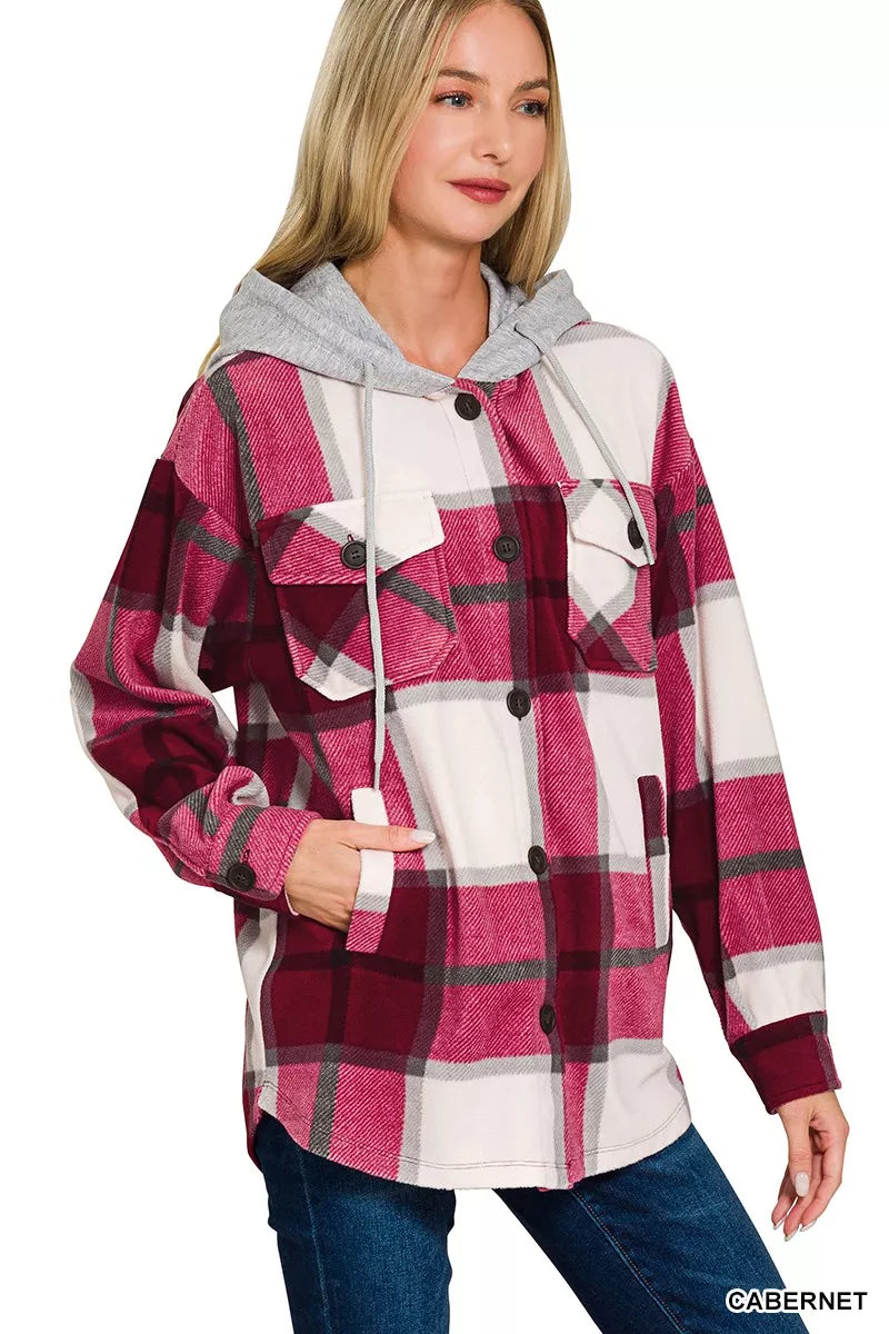 Zenana Plaid Drawstring Hooded Fleece Shacket - Sydney So Sweet